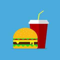 Tasty fast food menu. Hamburger with cola on blue background