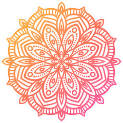Colorful orange and pink flower mandala. Vintage decorative gradient element. Ornamental round doodle flower isolated on white background. Geometric circle element. Vector illustration.