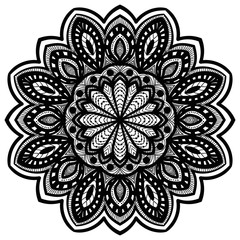 Black outline flower mandala. Vintage decorative element. Ornamental round doodle flower isolated on white background. Geometric circle element. Vector illustration.