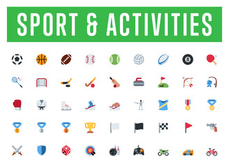 All type of sport icons, symbols, emojis vector illustration flat style activities, emoticons set, collection, group, big package.