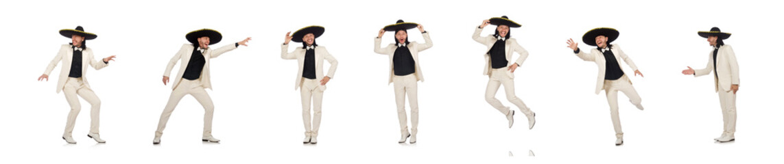 Funny mexican in suit and sombrero isolated on white