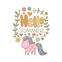 Summer card with a horse and plants. Vector contour colorful image. 