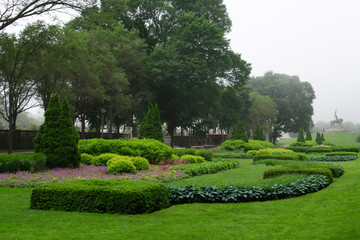 Green Garden at Grant Park in Chicago during a Foggy Morning