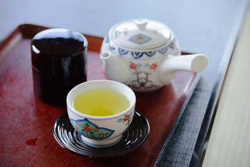 Japanese green tea set teapot teacup and tea box. 