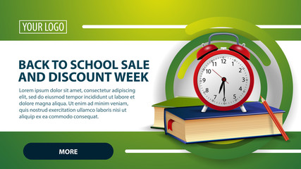 Back to school sale and discount week, banner with school books and alarm clock