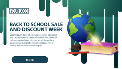 Back to school sale and discount week, banner with globe and school textbooks