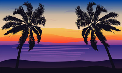 Landscape of palm trees against the sea in a blue-pink tone, vector art illustration.