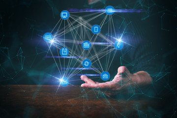 business man hand show something in hand dark blackground