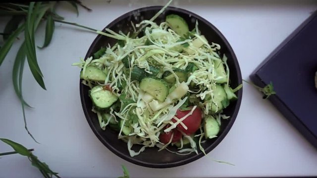 Fresh Vegetables Sliced For Salad Salt In A Plate. Slow Motion. View From Above