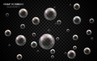 Vector soap bubbles set isolated on black transparent background. Special effect for design. Water spheres with air, soapy balloons, lather, suds, soap suds. Glossy foam balls. 3d illustration.