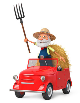 3D illustration funny old grandfather of the farmer on car/3D illustration grandfather peasant posing in overalls with a pitchfork near a haystack