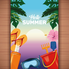Fototapeta premium Hello summer card on wooden background