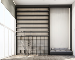 Co-wokring space with wall decorate and bookshelf built-in on wooden floor. 3d rendering