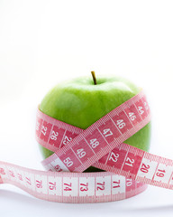 Green apples measured the meter on white background,diet concept.