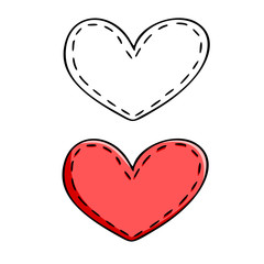 Cartoon red heart is made like embroidery, isolated vector outline element on the white background