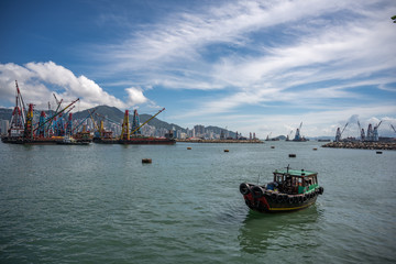 Fototapeta premium Landscape, Cityscape, Harbor, Blue Sky in Hong Kong