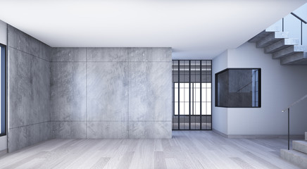 Living area in modern loft decorate concept with stair and wooder floor. 3d rendering