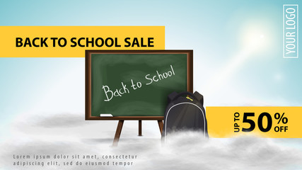 Back to school sale, light discount web banner for your website with school Board and school backpack