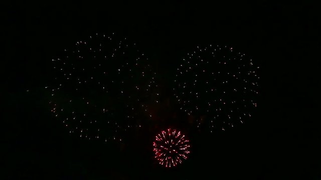 Bright festive fireworks in the dark night sky.