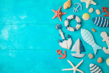 Summer background with nautical and marine decorations on wooden table. © maglara