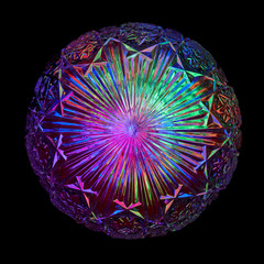 Multicolored rays of light shine through a crystal ball with an outstanding pattern