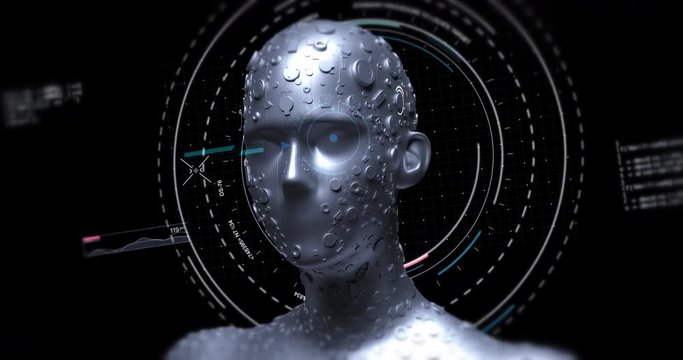 Modern Advanced Cyborg Robot Analyzing Software Codes - Technology Related 3D 4K Animation Concept