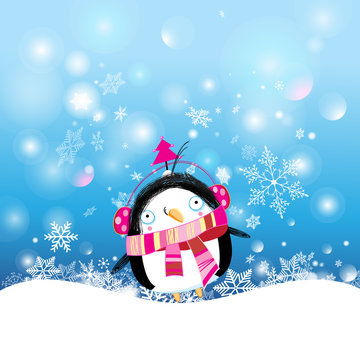 Christmas vector postcard with a funny penguin on a snowy