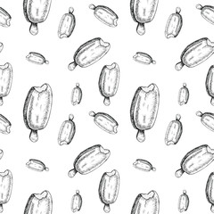 Sketch ice cream pattern. Hand drawn seamless background with sketch style popsicle ice creams. Monochrome vector backdrop.