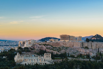 Fototapeta na wymiar Parthenon temple view from Filopappos hill, Acropolis, Athens