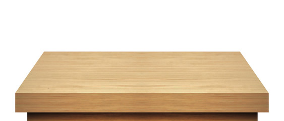 High angle perspective view of wood or wooden table corner on white background including clipping...