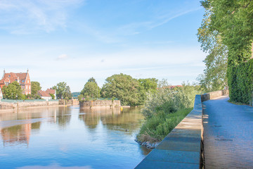 River Weser from the Münster bridge (Münsterbrücke) with the little island Hameln Lower Saxony...