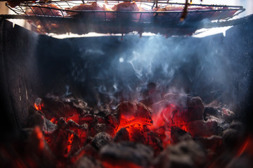 hot coals and meat above them with a shallow depth of field
