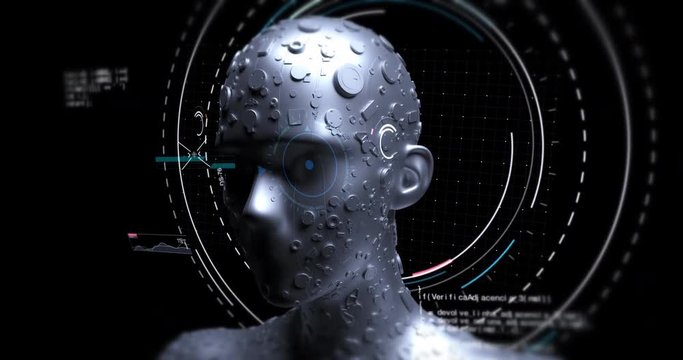 Futuristic Humanoid Male Robot Analyzing Data - Technology Related 3D 4K Animation Concept