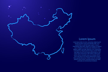 China map from the contour blue brush lines different thickness and glowing stars on dark background. Vector illustration.