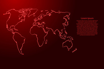 World map from the contour red brush lines different thickness and glowing stars on dark background. Vector illustration.