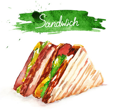 Watercolor sandwich with lettering, classical fast food.