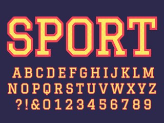 Fototapeta na wymiar Embroidery font. Sewing alphabet letters, college football team embroidered patch lettering and embroidery letter. School traditional sports textile uniforms abc or number. Isolated vector symbols set
