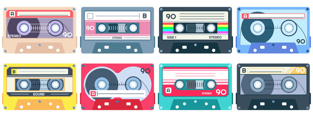 Vintage tape cassette. Retro mixtape, 1980s pop songs tapes and stereo music cassettes. 90s hifi disco dance audiocassette, analogue player record cassette. Isolated symbols vector set - obrazy, fototapety, plakaty