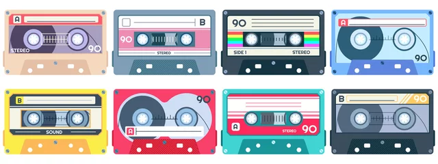 Fototapeten Vintage tape cassette. Retro mixtape, 1980s pop songs tapes and stereo music cassettes. 90s hifi disco dance audiocassette, analogue player record cassette. Isolated symbols vector set © Tartila