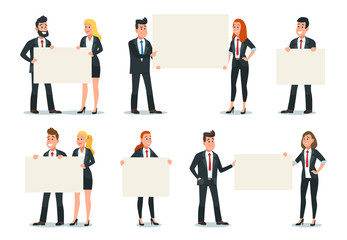 Business people holding banner. Businessman hold empty poster, office workers presentation signboard sign. Business manifestation, activists rights strike. Isolated icons vector illustration set