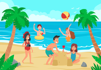 Kids beach. Happy childrens fun on sea shore sand beach, children sunbathing and swimming kid. Ocean relax people playing, sand castle building and summer sea swim cartoon vector illustration