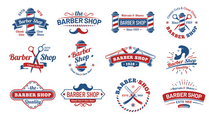 Barbershop badges. Vintage barber label, retro shave salon badge and gentleman haircut old sign. Barbers hipster mustache or beard logotype, barbering tattoo. Vector illustration isolated symbols set - obrazy, fototapety, plakaty
