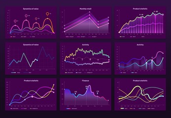 Abstract data charts. Statistic graphs, finance line chart and marketing histogram graph infographic. Financial holographic display, futuristic neon charts or infographic reports bars vector set © Tartila