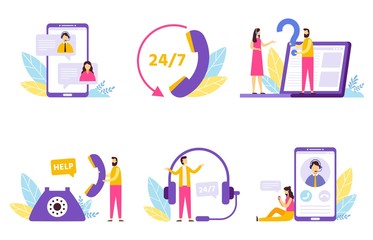 Online assistant. Virtual technical support service, personal assist and hotline operator communication. Network it client helping customer or technical consult. Isolated vector illustration icons set