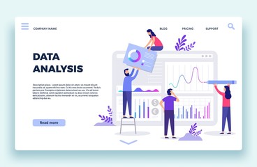 Obraz na płótnie Canvas Finance analyst landing page. Stock market forecasting, stocks statistic and business trends forecast. Statistical advertising information column, cryptocurrency diagram flat vector illustration