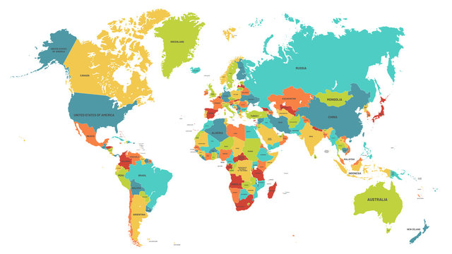 Fototapeta Kolorowa mapa świata. Mapy polityczne, kolorowe kraje świata i nazwy krajów. Geografia polityka mapa, atlas lądowy świata lub planety kartografii ilustracji wektorowych