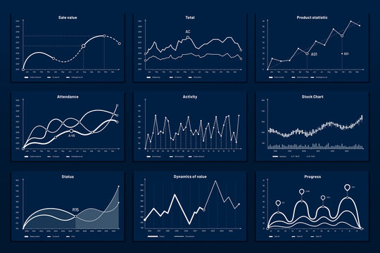 Data graphic charts. Maths coordinates graph, growth chart graphics and business infographic graphs. Data research chart, statistics graphics or diagram visualization bar vector illustration set