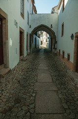 Fototapeta na wymiar Old houses in cobblestone alley and passageway under arch