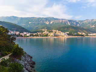 Fototapeta na wymiar View of the villages of Rafailovici and Becici from the sea, Montenegro