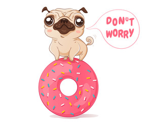 pug and donut in kawaii style